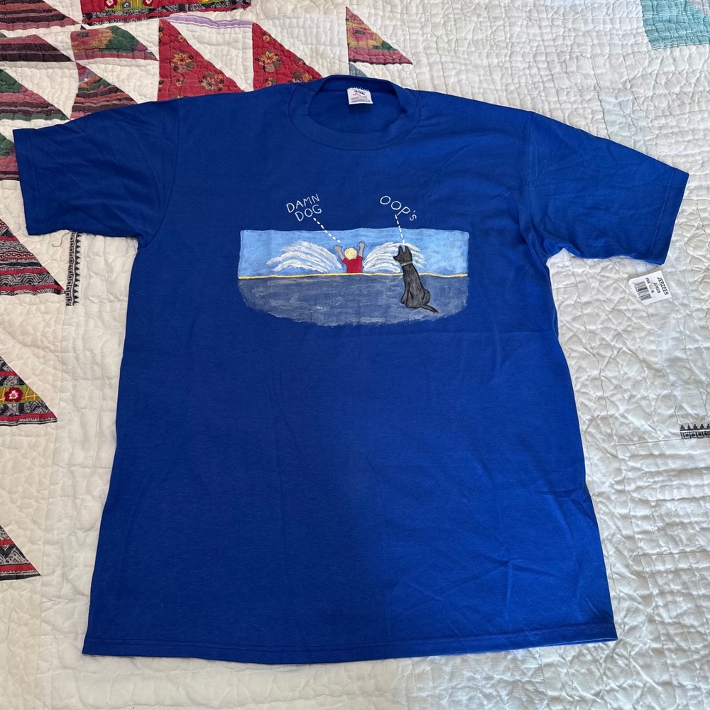 Jerzees T-Shirt Vintage Handpainted Dog Graphic Blue XL 390M NWT Made in USA